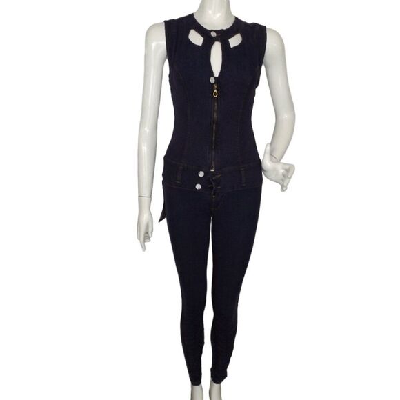 new! SCORPIO Jeans Jumpsuit, JR 1, Purple Denim, Fitted, Embellished/Cutouts - Picture 1 of 12